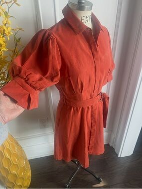 A loves A brand Rust Soft  Drapeable Twill 3/4 Balloon Sleeve Mini Shirt Dress